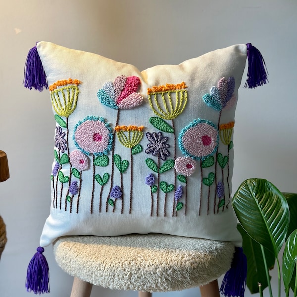 Floral Embroidered Throw Pillow Cover, Decorative Hand Tufted Pillow, Colorful Flowers Cushion, Housewarming Gift