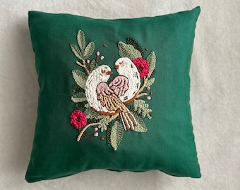 Vintage Birds Embroidered Pillow Cover - Boho Home Decor