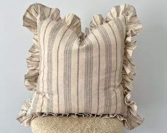Linen Stripe Pillow Cover: Rustic Ruffle Accent, Farmhouse Decor