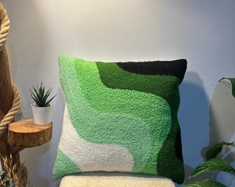 Tufted Pillow Cover: Abstract Wavy Embroidered Cushion, 17x17 Decor Pillow