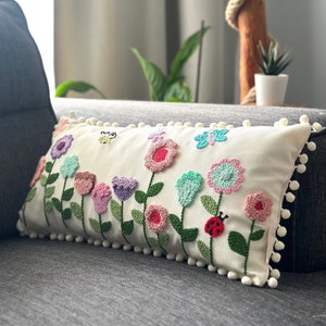 Punch Needle Embroidery Floral Garden Pillow Cover, Handmade Gift, Kidsroom Decorative Throw Pillow Cover image 1