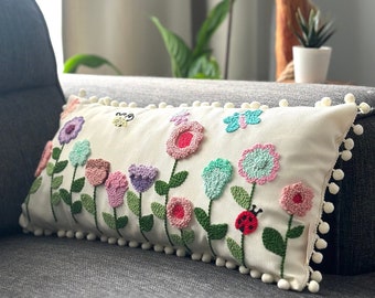 Punch Needle Embroidery Floral Garden Pillow Cover, Handmade Gift, Kidsroom Decorative Throw Pillow Cover