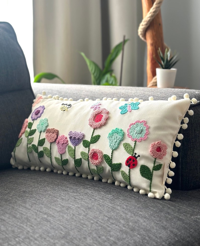 Punch Needle Embroidery Floral Garden Pillow Cover, Handmade Gift, Kidsroom Decorative Throw Pillow Cover image 1