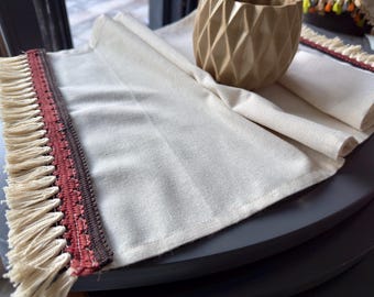 Natural Linen Table Runner: Farmhouse Decor with Merlot Tassels