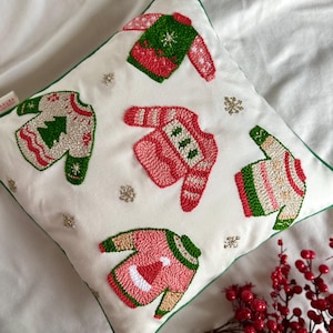 Christmas Throw Pillow with Holiday Sweater Embroidery, Handmade Pillow Cover with Piping, Christmas Gift