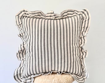 Soft Linen Ruffled Pillow Cover - Handmade Neutral Decorative Designer Gray Stripe Cushion - Farmhouse Decor