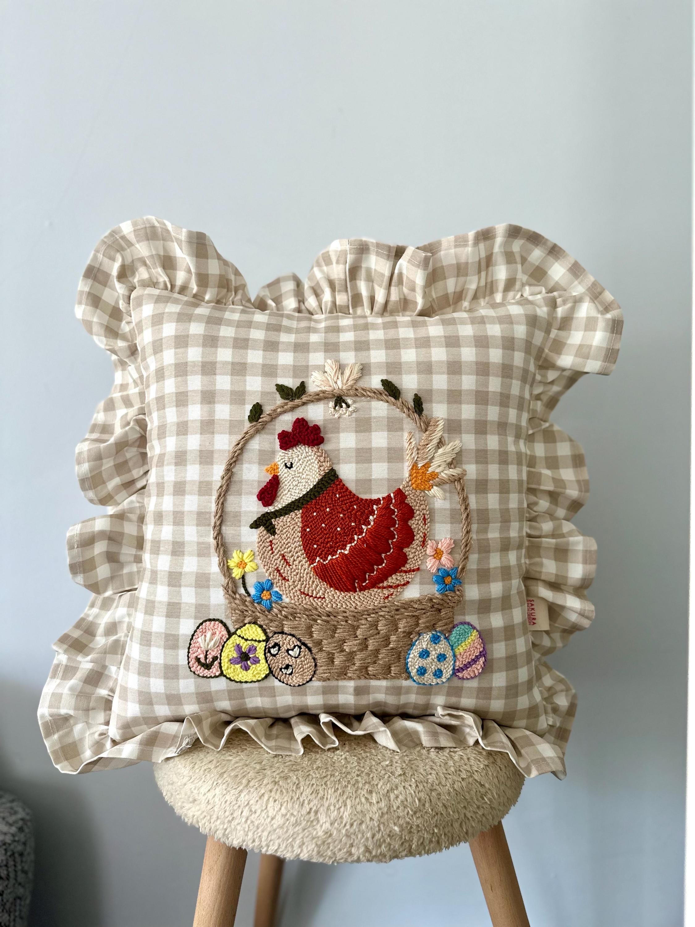 Easter Chicken Embroidered Farmhouse Pillow Cover with Ruffles, Handmade Easter Gift, Gingham Easter Decor