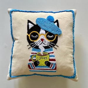 Coffee Cat Punch Needle Pillow Cover: Handmade Linen Embroidered Cushion