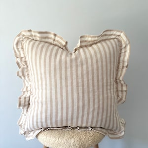 Handmade Linen Ruffled Pillow Cover - Rustic Natural Beige Striped Cushion - Farmhouse Decor Accent&quot;