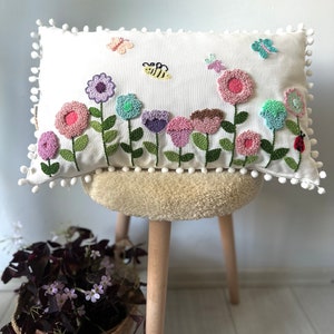 Punch Needle Embroidery Floral Garden Pillow Cover, Handmade Gift, Kidsroom Decorative Throw Pillow Cover image 7