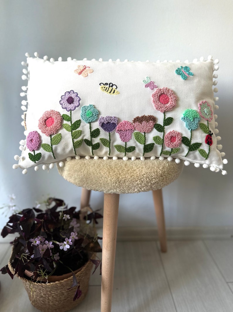 Punch Needle Embroidery Floral Garden Pillow Cover, Handmade Gift, Kidsroom Decorative Throw Pillow Cover image 7