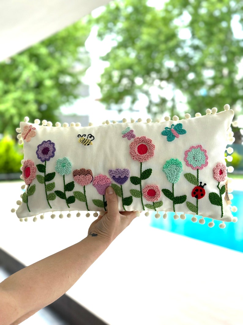 Punch Needle Embroidery Floral Garden Pillow Cover, Handmade Gift, Kidsroom Decorative Throw Pillow Cover image 4