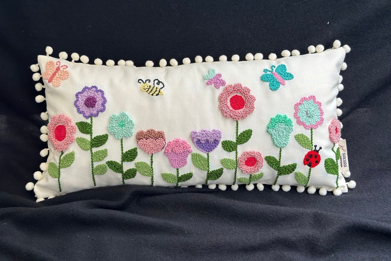 Punch Needle Embroidery Floral Garden Pillow Cover, Handmade Gift, Kidsroom Decorative Throw Pillow Cover image 5
