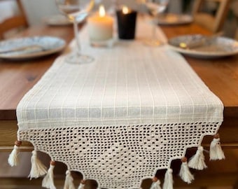 100% Cotton Boho Table Runner with Lace Ends and Wooden Bead Tassels