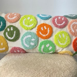 Punch Needle Embroidery Colorful Emoji Pillow Cover, Nursery Gift, Decorative Fun Throw Pillow