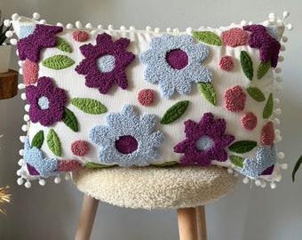 Floral  Pillow Cover, Tufted Throw Pillow Case, Decorative Housewarming Gift