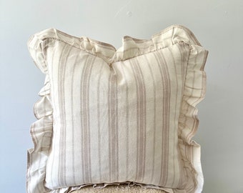 Oatmeal Striped Linen Pillowcase with Zipper - Farmhouse Decor Euro Sham Cover
