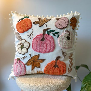 Handmade Pillow Cover, Pumpkin Decorative Pillow, Punch Needle Season Pillowcase, Punch Embroidery, Gift For Her