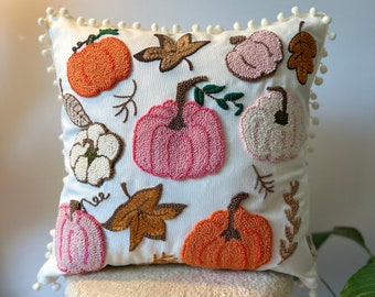 Handmade Pillow Cover, Pumpkin Decorative Pillow, Punch Needle Season Pillowcase, Punch Embroidery, Gift For Her
