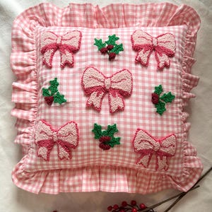 Festive Christmas Coquette Cushion Cover in Pink Gingham with Ruffles, Christmas Gift