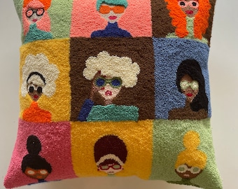 Handmade Pop-Art Girls Punch Needle Pillow Cover: Embroidered Decorative Cushion
