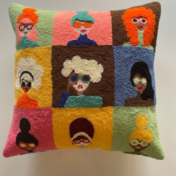 Handmade Pop-Art Girls Punch Needle Pillow Cover: Embroidered Decorative Cushion