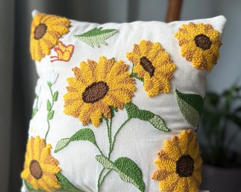 Sunflowers Punch Needle Pillow Cover, Decorative Floral Cushion Cover, Gift For Her