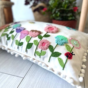 Punch Needle Embroidery Floral Garden Pillow Cover, Handmade Gift, Kidsroom Decorative Throw Pillow Cover image 8