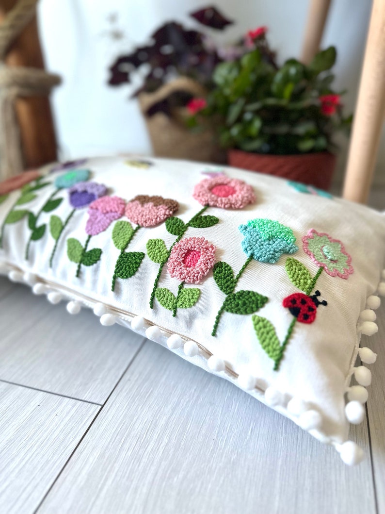 Punch Needle Embroidery Floral Garden Pillow Cover, Handmade Gift, Kidsroom Decorative Throw Pillow Cover image 8