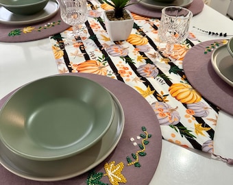 Set of Linen Table Runner and Placemats, Dining Room Pumpkin Table Decor, Removable and Washable Fabric Underplates