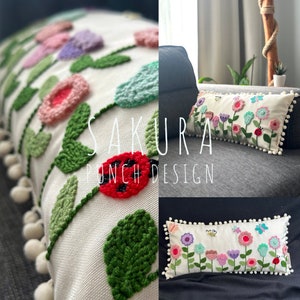 Punch Needle Embroidery Floral Garden Pillow Cover, Handmade Gift, Kidsroom Decorative Throw Pillow Cover image 10