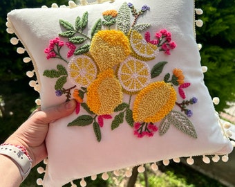 Fresh Lemon Spring Decor - Embroidered Floral Pillow Cover - Decorative Botanical Accent - Farmhouse Decor