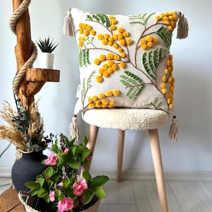 Punch Needle Embroidery Yellow Floral Pillow Cover, Handmade Gift, Decorative Throw Pillow Cover