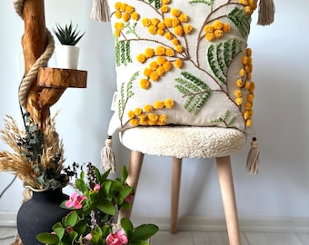 Taie d'oreiller florale jaune brodée à l'aiguille, cadeau fait main, housse de coussin décoratif