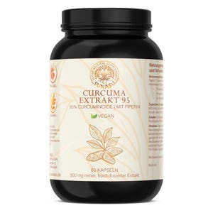Könnte beinhalten: Eine schwarze Flasche mit Nahrungsergänzungsmitteln und einem weißen Etikett. Auf dem Etikett steht "CURCUMA EXTRAKT 95" und "VEGAN", mit einer botanischen Illustration. Die Flasche enthält 60 Kapseln mit 500 mg Extrakt.