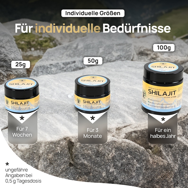 May include: Three jars of Shilajit supplement in different sizes: 25g, 50g, and 100g. The jars are labeled with the product name and the amount of supplement they contain. The jars are on a rocky surface with the text "Individuelle Gr&ouml;&szlig;en" and "F&uuml;r individuelle Bed&uuml;rfnisse" above them.