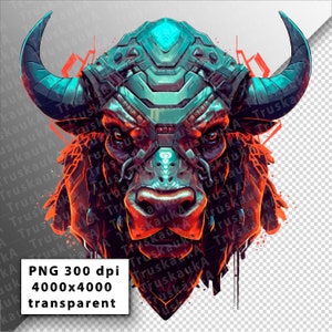 Toro con armadura, arte cyberpunk, PNG en alta resolución sin fondo para imprimir en ropa y cualquier otra aplicación