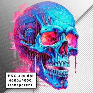 Cyberpunk Neon Schädel PNG Bild ohne Hintergrund in einer Auflösung von 4000x4000 für Druck und digitale Verwendung
