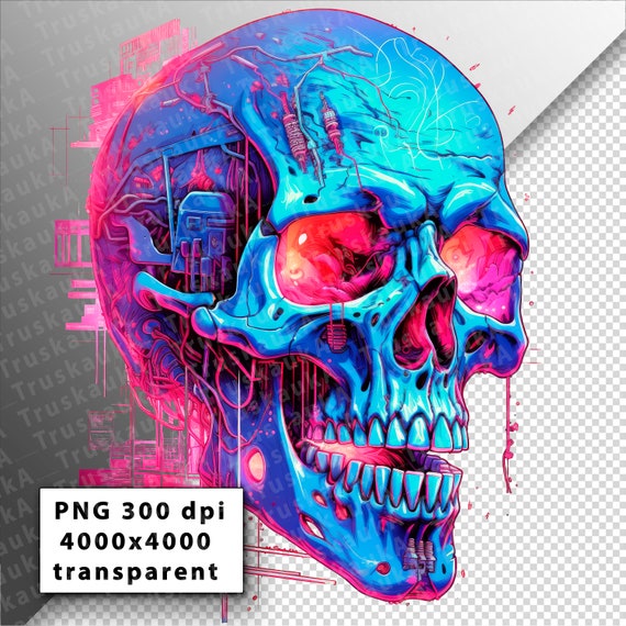Kunpei_yamanashi　デジタルプリント  NEON SKULLⅠ Cyberpunk Neon Skull PNG Image Without Background in