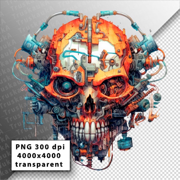 Cyberpunk mechanical skull, PNG in 4000x4000 resolution without background for creating creative content