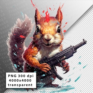 May include: A cartoon squirrel with red fur and a mischievous grin holds a black rifle. The squirrel is surrounded by colorful paint splatters, creating a dynamic and playful scene.