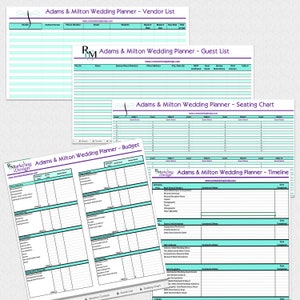 May include: A wedding planner checklist with sections for vendor list, guest list, budget, seating chart, and timeline. The planner is designed with a light blue and white colour scheme and includes the text "Adams & Milton Wedding Planner".