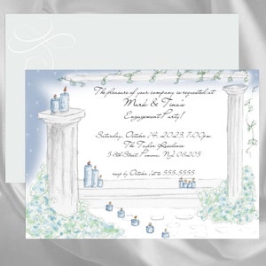 May include: A blue and white illustrated engagement party invitation with a whimsical design featuring candles and columns. The text reads "The pleasure of your company is requested at Mark & Tina's Engagement Party! Saturday, October 14, 2023, 7:00pm The Taylor Residence 5 8th Street, Pomona, NJ 08205 rsvp by October 1st to 555-5555"