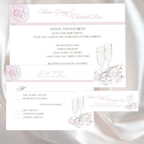 Champagne Rose Wedding Invitation RSVP Reply Card Address Label Set