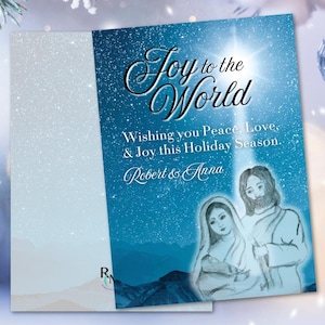 Nativity Baby Jesus, Mary, Joseph Personalized Christmas Star of Bethlehem Joy to the World Greeting Cards