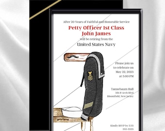 May include: A retirement party invitation for Petty Officer 1st Class John James, who is retiring from the United States Navy. The invitation features a drawing of a Navy uniform and a hat on a table. The party will be held at Tannebaum Hall on May 22, 2023 at 5:00 PM.