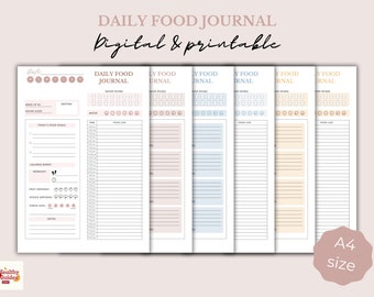 Daily food diary journal printable & digital| including water, mood, sleep, meal and activity log tracker | pink, yellow, blue