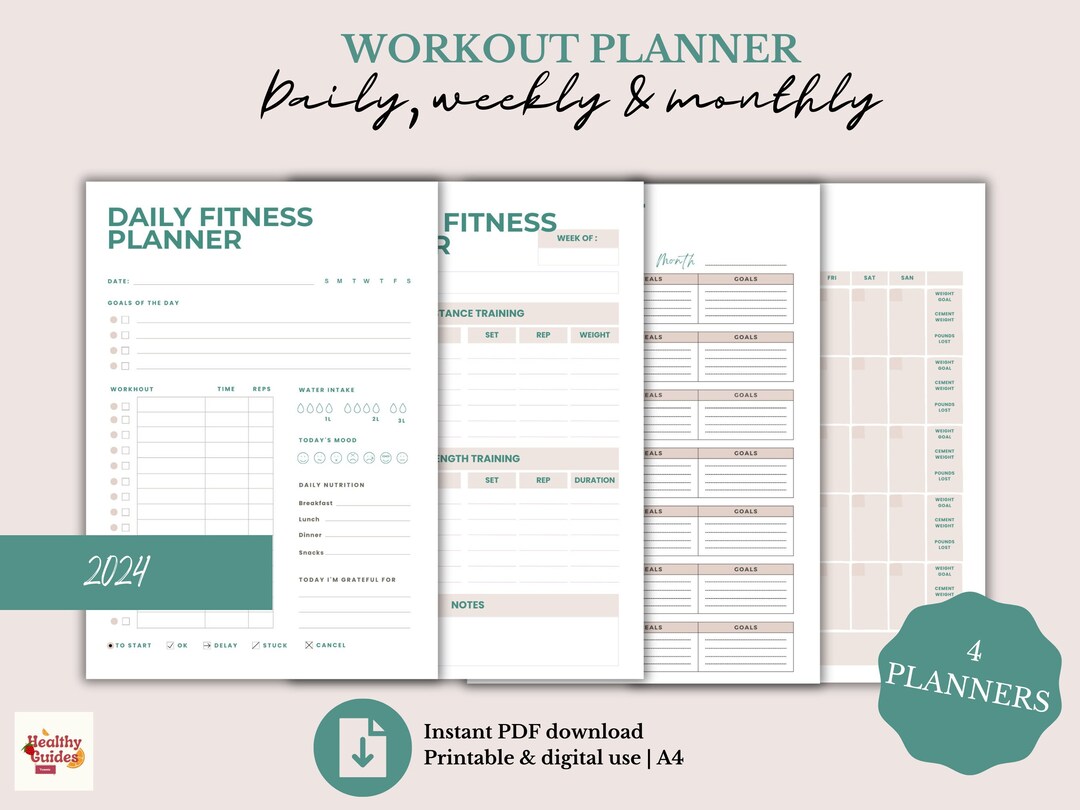 Digital & Printable Fitness Planner Daily, Weekly, and Monthly Workout