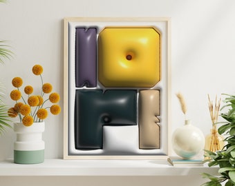 Puede incluir: Una impresión enmarcada de formas geométricas abstractas en amarillo, verde, morado y beige. Las formas están dispuestas en una cuadrícula y tienen un efecto 3D.
