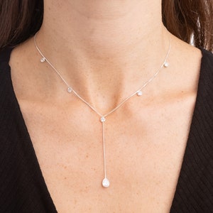 Dainty Lariat Teardrop Necklace with Genuine Natural Zircon Details - Handmade in Brazil - 925 Sterling Silver